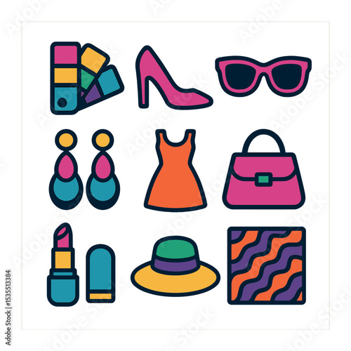 Bold Fashion Icons. Solid, filled icons set of a fashionista experimenting with bold color combinations: color