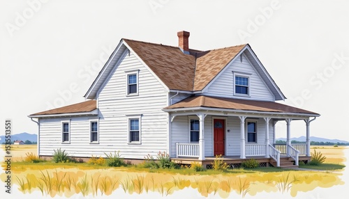 watercolor painting, prairie style two story house with low rooflines, horizontal windows, plains setting, white background, photorealistic