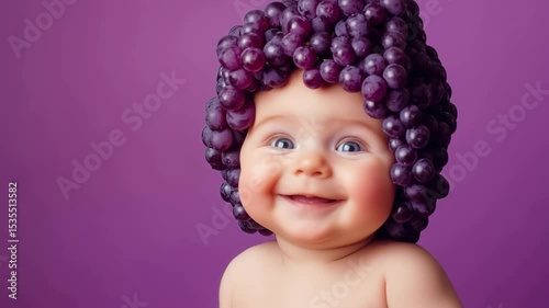 Adorable baby wearing grape hat smiling against purple background photo