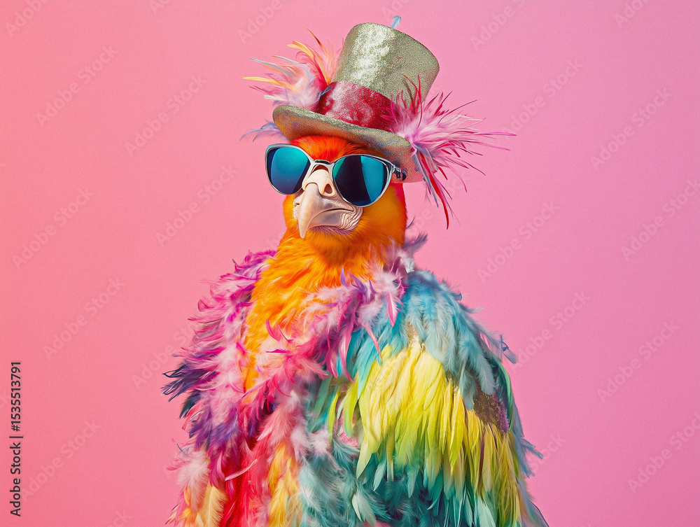Fototapeta premium Colorful Parrot in Vibrant Costume Styled with Hat and Glasses on Pink Background