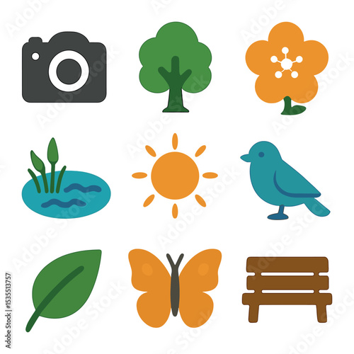 Vibrant Spring Icons Set. Solid, filled icons set of vibrant spring photography: camera icon, tree, blossom,