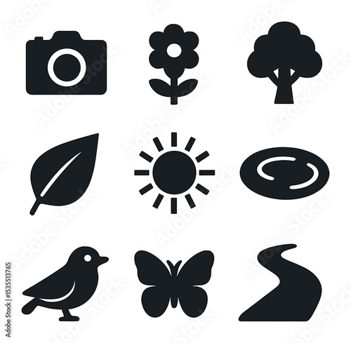 Spring Icons Grid. Solid, filled icons set of nature’s spring canvas: camera icon, flower, tree, leaf, sun,