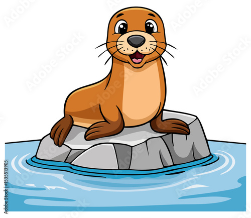 Cartoon sea lion on a rock in the sea clipart, isolated 
