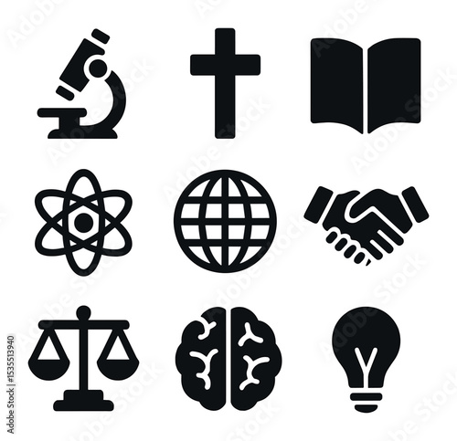 Science and Faith Icons. Solid, filled icons set of understanding science and faith: microscope, cross, book,