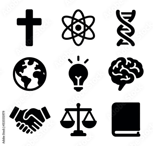 Unity Icons Grid. Solid, filled icons set of unity in scientific and spiritual realms: cross, atom, DNA, globe
