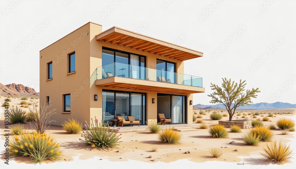 Fototapeta premium watercolor painting, desert modern two story house with sand toned walls, glass atrium, arid plain setting, white background, photorealistic