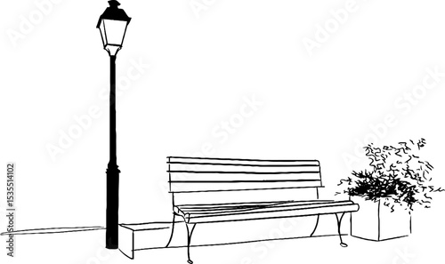 Minimalist urban line art featuring city bench and street lamp design