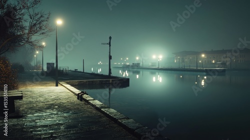 Mysterious Lakeside Promenade at Night with City Lights Reflecting in the Water