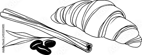 Line art illustration of cinnamon stick and croissant with leaves and coffee beans
