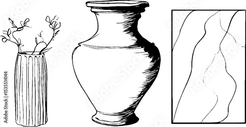 Elegant line art set featuring clay amphora and botanical elements for interior design