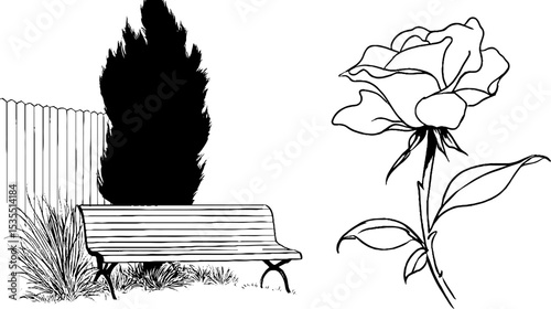 Tranquil garden scene with climbing rose and park bench line art