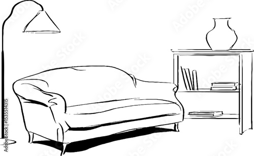 Modern living room furniture: line art of corner sofa with lamp and bookshelf