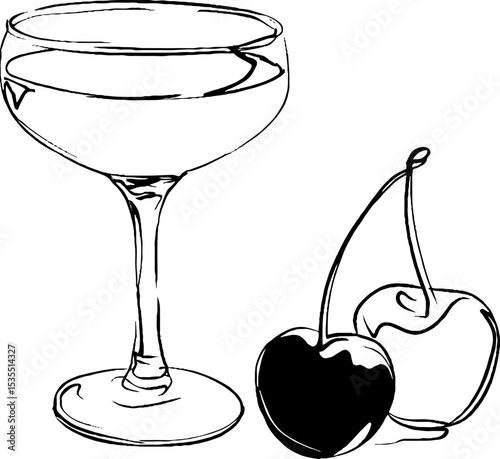Elegant line art of coupe glass with cherries for design projects