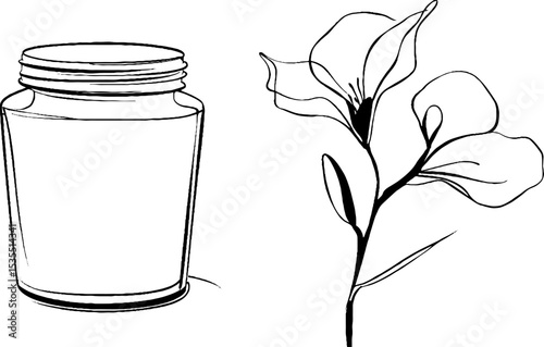 Minimalist line art illustration of cotton pad jar and floral element for beauty and skincare design