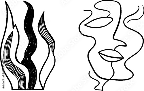 Abstract line art illustration of crackling flame and face silhouette for creative design