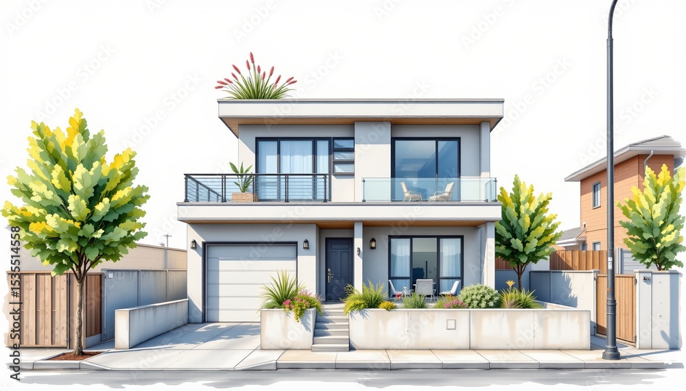 Fototapeta premium watercolor painting, urban minimalist two story house with concrete facade, rooftop terrace, city lot setting, white background, photorealistic