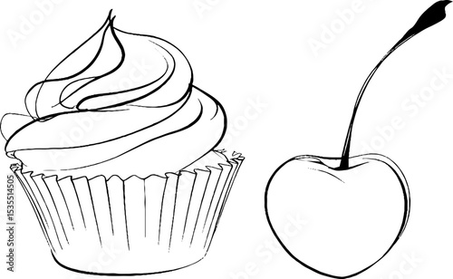 Cupcake swirl and cherry line art illustration set for design and decoration