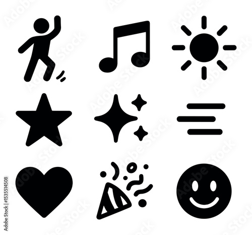 Joyful Icon Celebration. , filled icons set of joyous movement celebration: dancing person, music notes, sun,