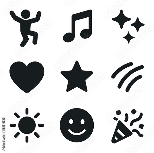 Joyful Dance Icons. Solid, filled icons set of spontaneous dance and joy: dancing figure, music notes,