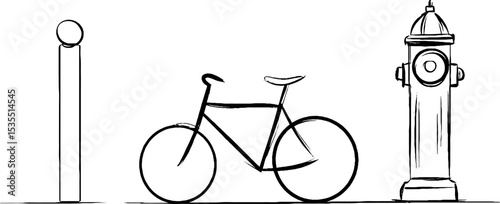 Minimalist line art featuring bicycle with cycle track sign and urban elements
