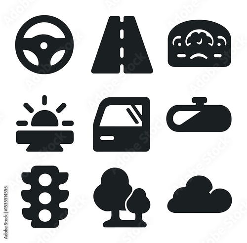 Driving Icons Sunset. Solid, filled icons set of driving during sunset: steering wheel, road, dashboard,