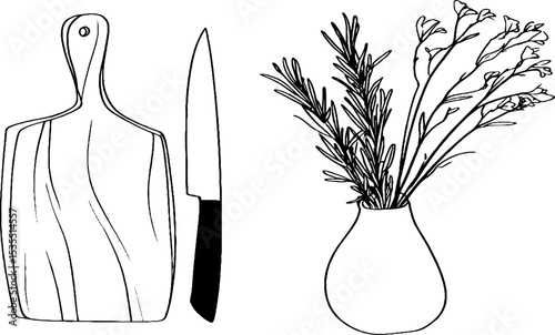 Minimalist line art of cutting board, knife, and flower arrangement for kitchen decor