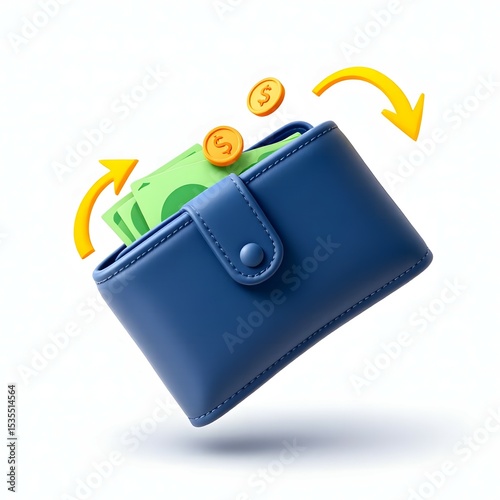 3d illustration of blue wallet with golden coins and arrows, symbolizing financial growth and successful transactions.