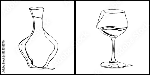 Elegant line art illustration of decanter and wine glass silhouettes for artistic decor
