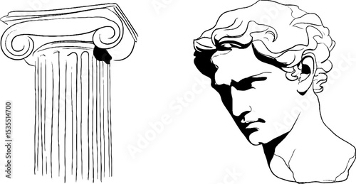 Classical architecture and sculpture line art featuring doric column and greek bust