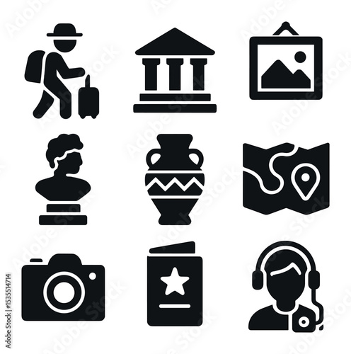 Cultural Exploration Icons. Solid, filled icons set of cultural exploration and museum visits: traveler,