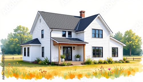 watercolor painting, modern farmhouse two story house with white siding, black trim, rural meadow setting, white background, photorealistic