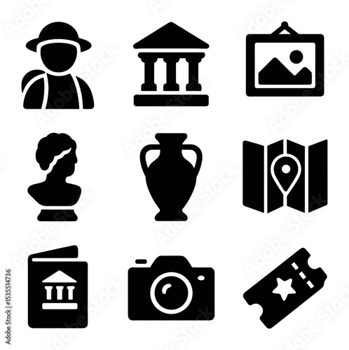 Museum Icon Set. Solid, filled icons set of museum and cultural heritage tours: traveler, museum, painting,