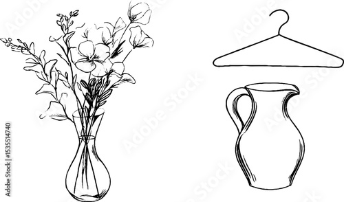 Minimalist line art collection featuring dried bouquet vase, pitcher, and clothes hanger design