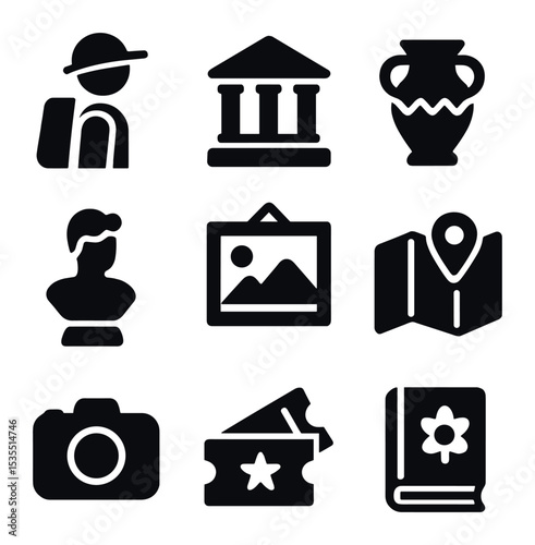 Art Discovery Icons. Solid, filled icons set of discovering local art and history: traveler, museum, artifact,