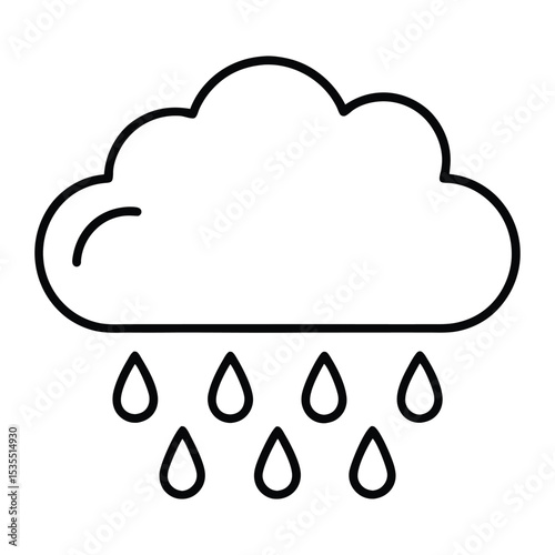 Simple, clean line art icon of a rain cloud with falling raindrops. Ideal for weather forecasts, monsoon branding, or minimalist design projects. Scalable vector graphic.