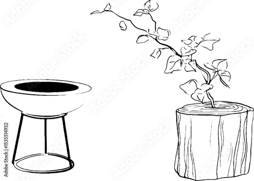 Minimalist line art illustration of fire pit ring and potted plant for design and decoration