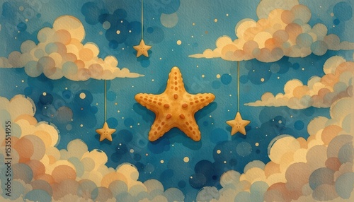 floating starfish among clouds, baby illustration
