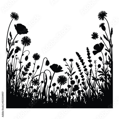 Gouache Wildflowers Floral Frame Silhouette, Vector, Illustration, Icon, Logo, White Background.