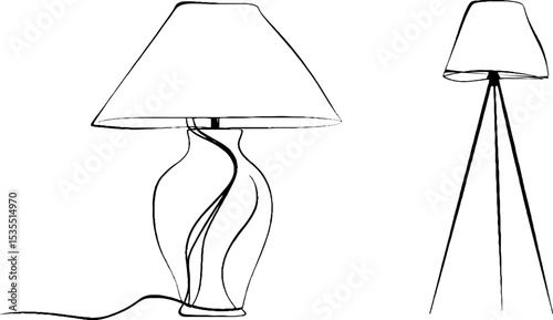 Minimalistic line art illustration of floor lamp and table lamp set for interior design