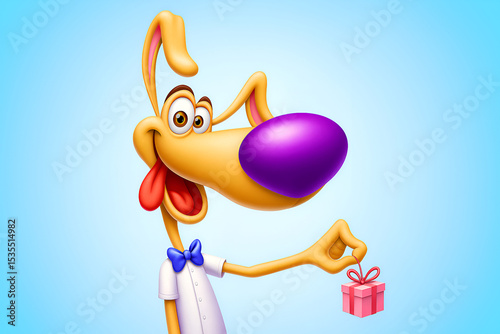 Cute Cartoon Dog Character with Big Nose Holding Tiny Pink Gift Box on Blue Background for Celebration and Holiday Concept