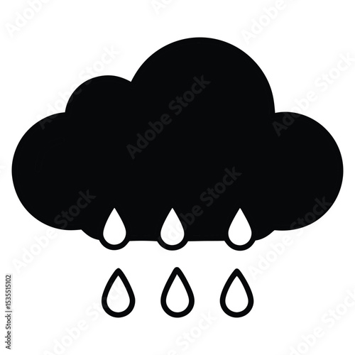 Simple, clean silhouette art icon of a rain cloud with falling raindrops. Ideal for weather forecasts, monsoon branding, or minimalist design projects. Scalable vector graphic.