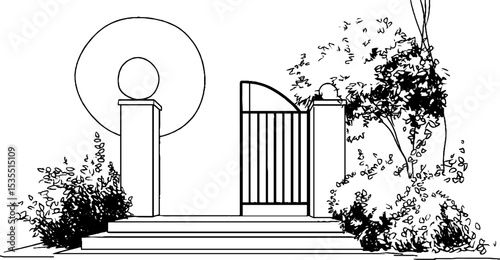 Minimalist line art of garden gate and circular design for wall art or greeting card decor