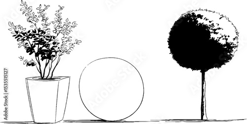 Minimalist line art of garden elements featuring potted plant, circular stone, and tree