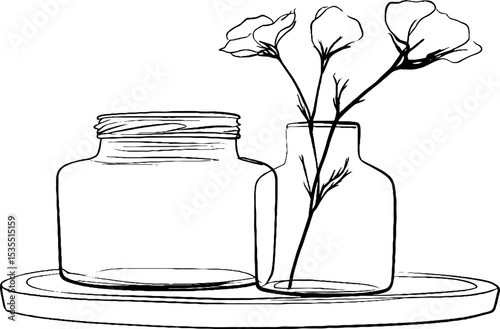 Minimalist line art of glass jars and delicate flowers on a tray