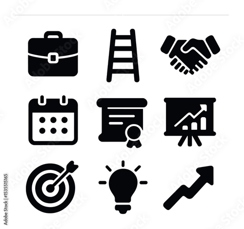 Career Progression Icons. Solid, filled icons set of advancing in professional life: briefcase, ladder,