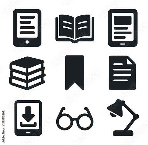 Digital vs Print Icons. Solid, filled icons set of e-books vs print: e-reader, open book, tablet, stack of