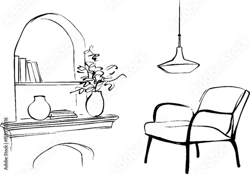 Minimalist line art interior design with hanging pendant light and modern chair