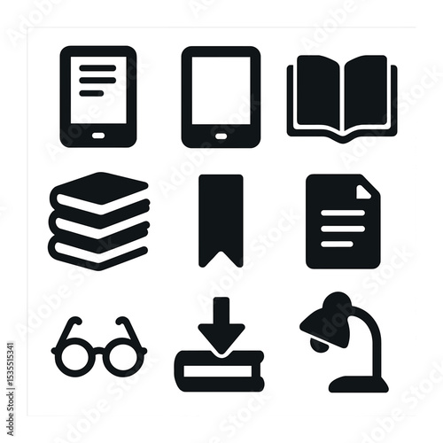 Digital Reading Icons. Solid, filled icons set of digital reading and print books: e-reader, tablet, open book