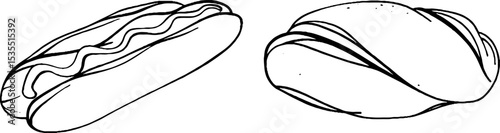 Minimalistic line art of hot dog and pastry for food design and decoration
