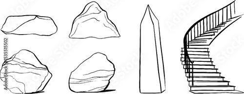 Architectural elements and natural rock formations line art set for creative design